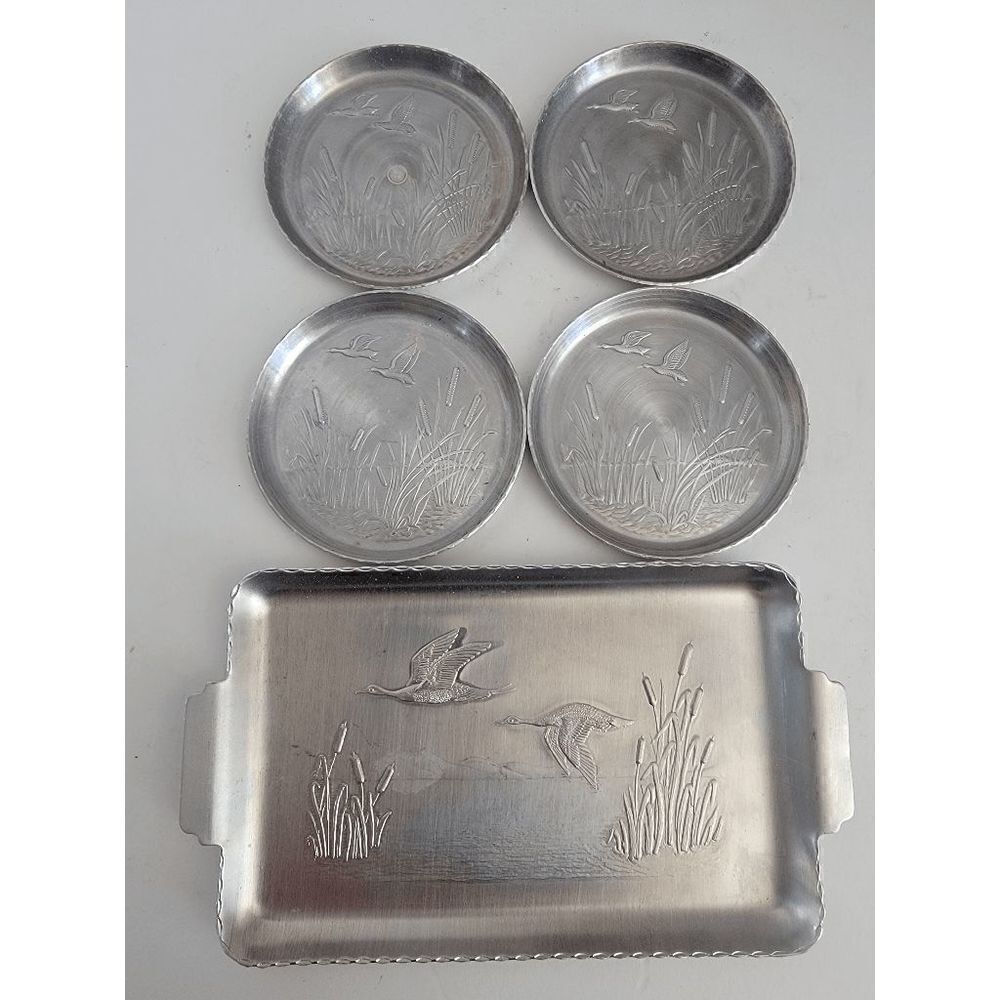 Vintage Home Aluminum Duck Scene Bar Tray And Coasters Set 1 Tray 4 Coasters